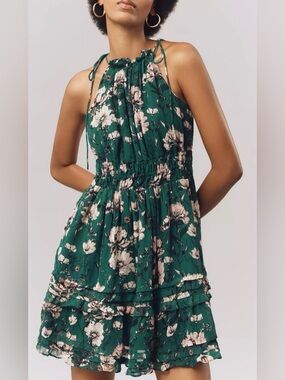 NWT Anthropologie The Somerset Halter Mini Dress 3X Green Floral Tiered